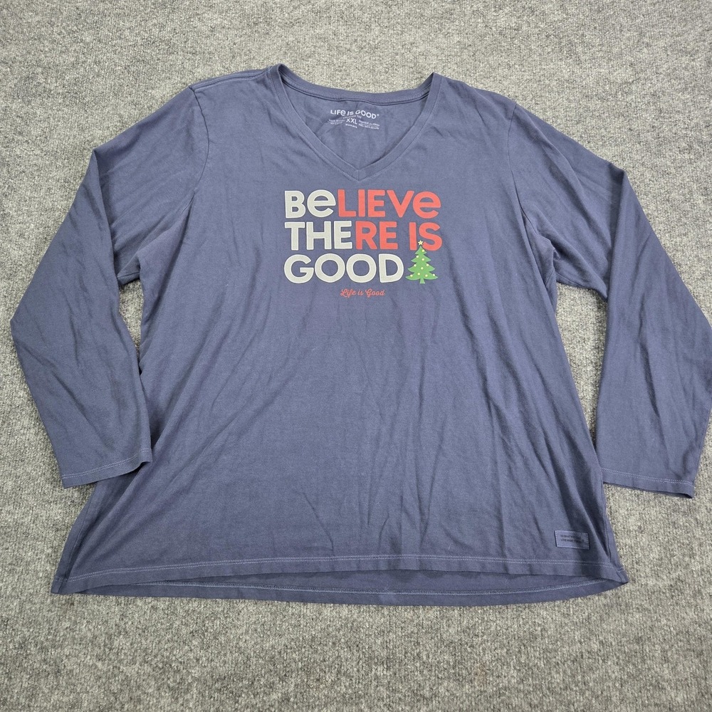 Life Is Good Shirt Womens XXL Blue‎ Believe There Is Good Christmas Crusher Tee
